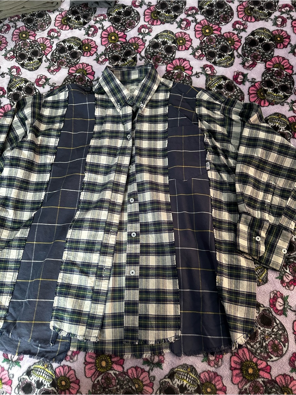 BDG Mixed Plaid Patchwork Button-Up in Navy and Green